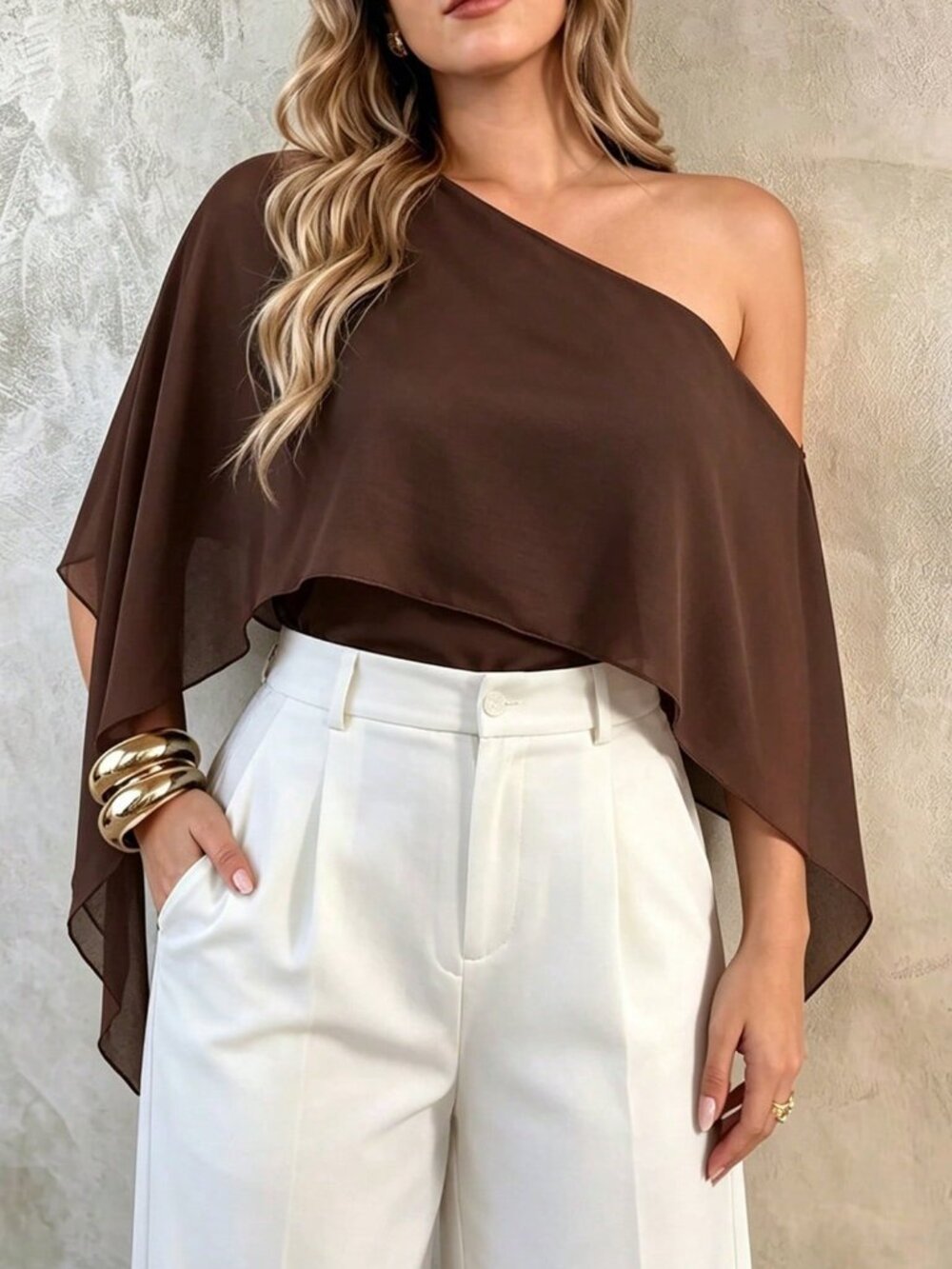 Brown Casual Women's Asymmetric Hem Slim Fit Plain Cape Top